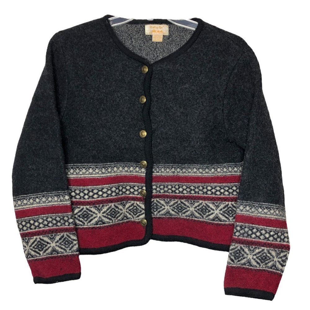 VINTAGE - Tally-Ho - 100% Wool Fair Isle Nordic Cardigan - Size PL Petite Large